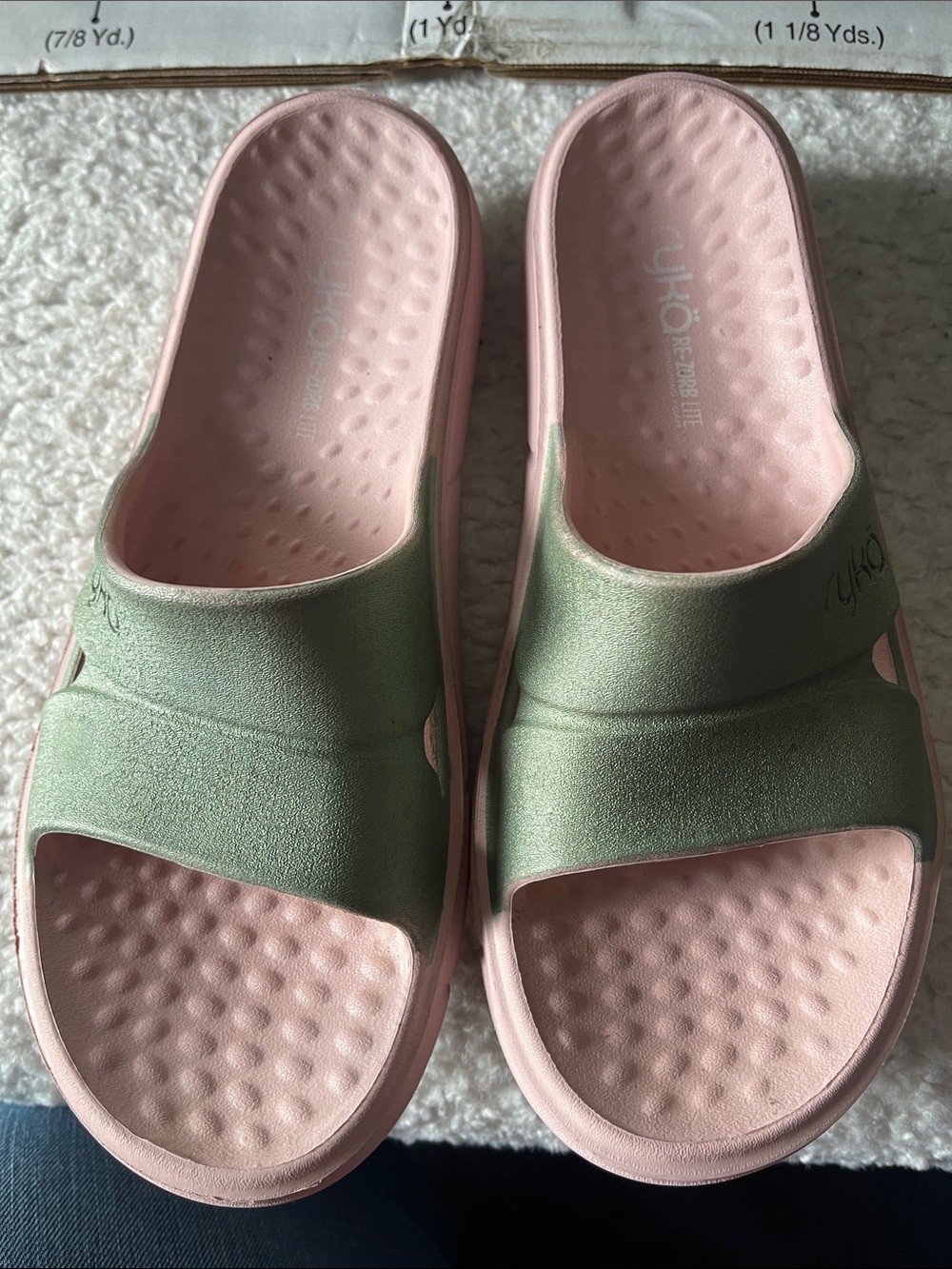Ryka Pink Footbed with Sage Green Strap Slide Sandals